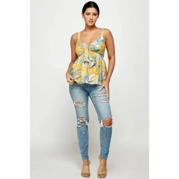Honey Yellow Blue Tropical Floral Knotted Cami Babydoll Summer Vacation Tank Top - Picture 3 of 5